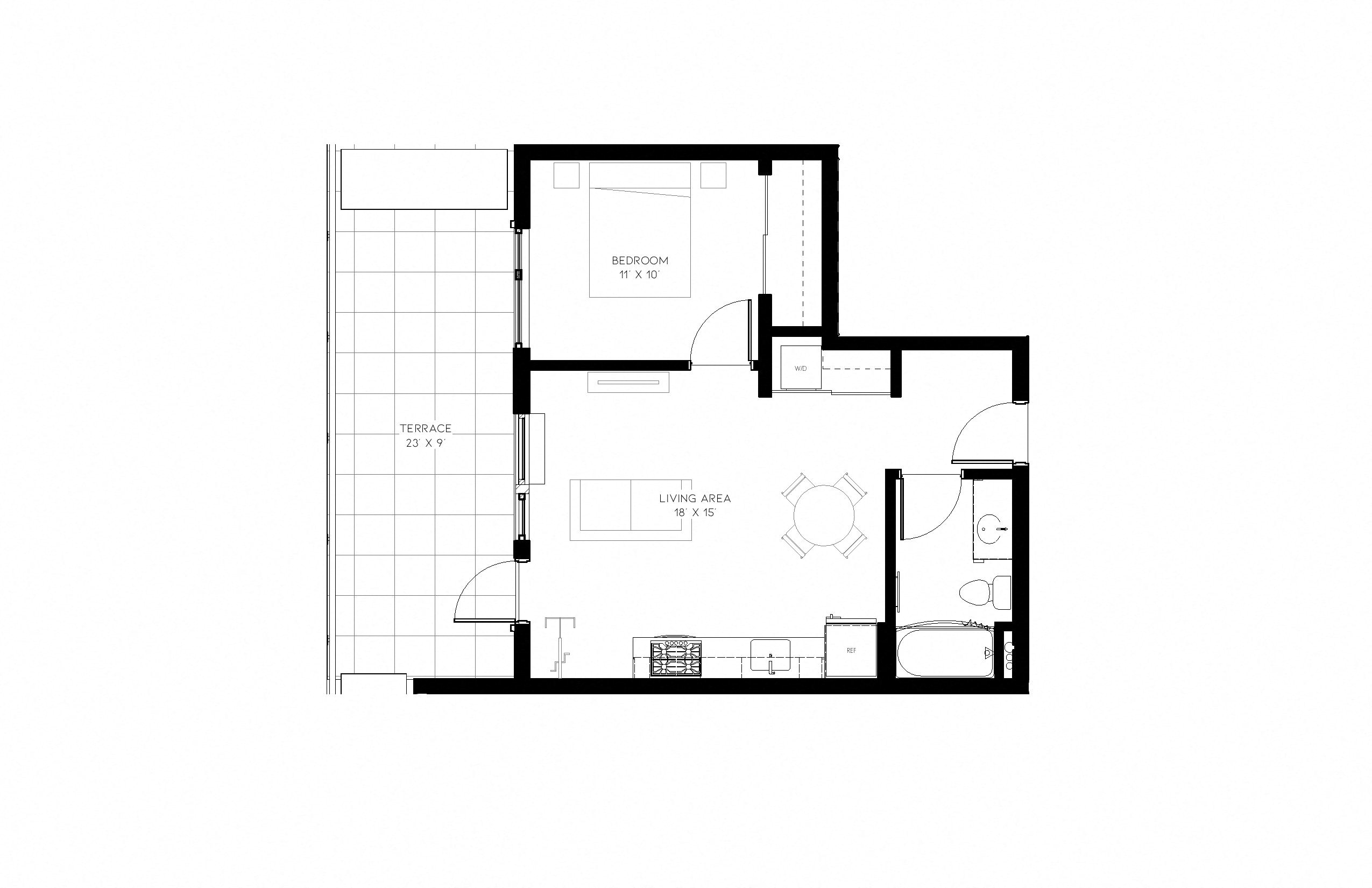 Floor plan for 1 bed, 1 bath, 568 sqft